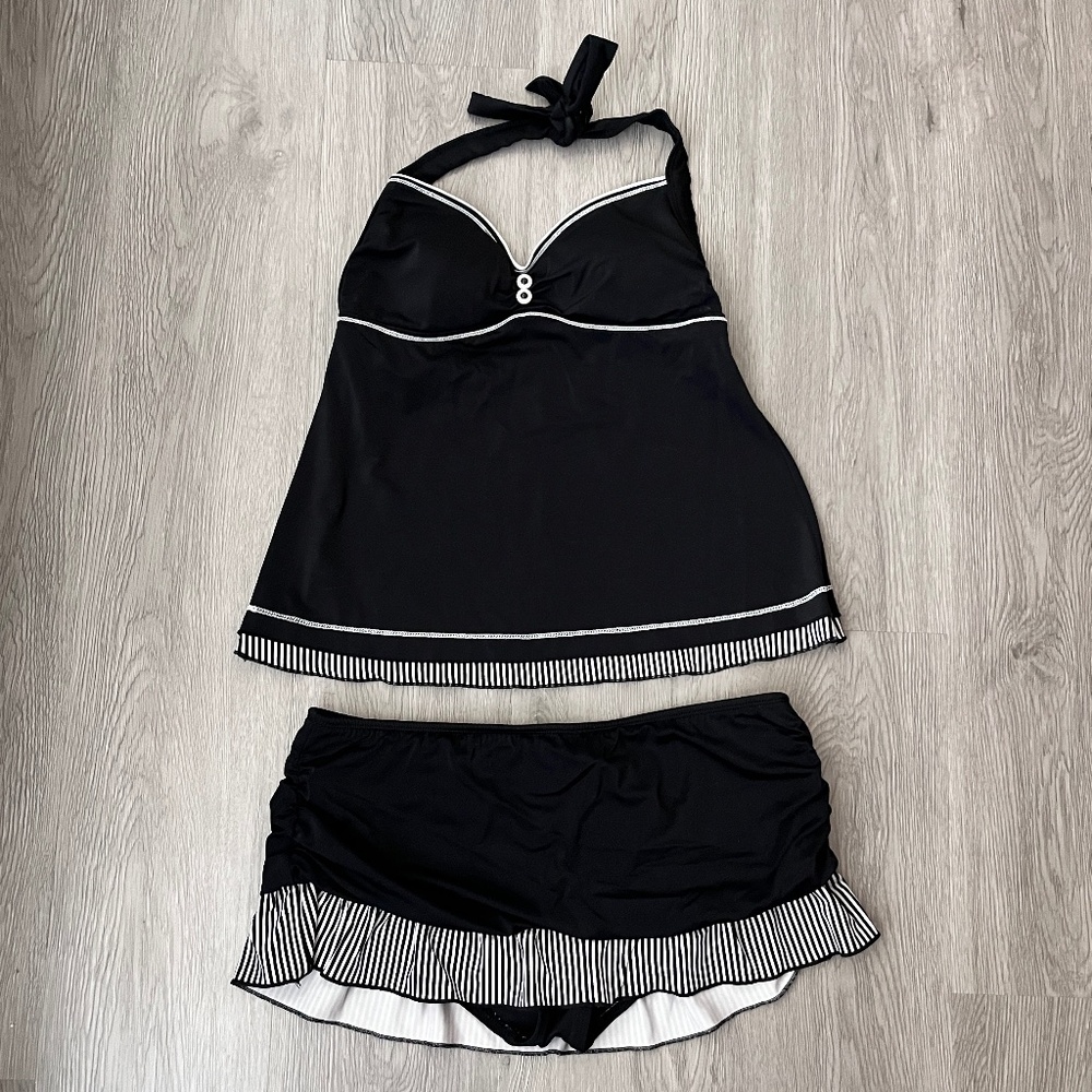 24 & Ocean 2-Piece Tankini & Swim Skirt Set, Black/White